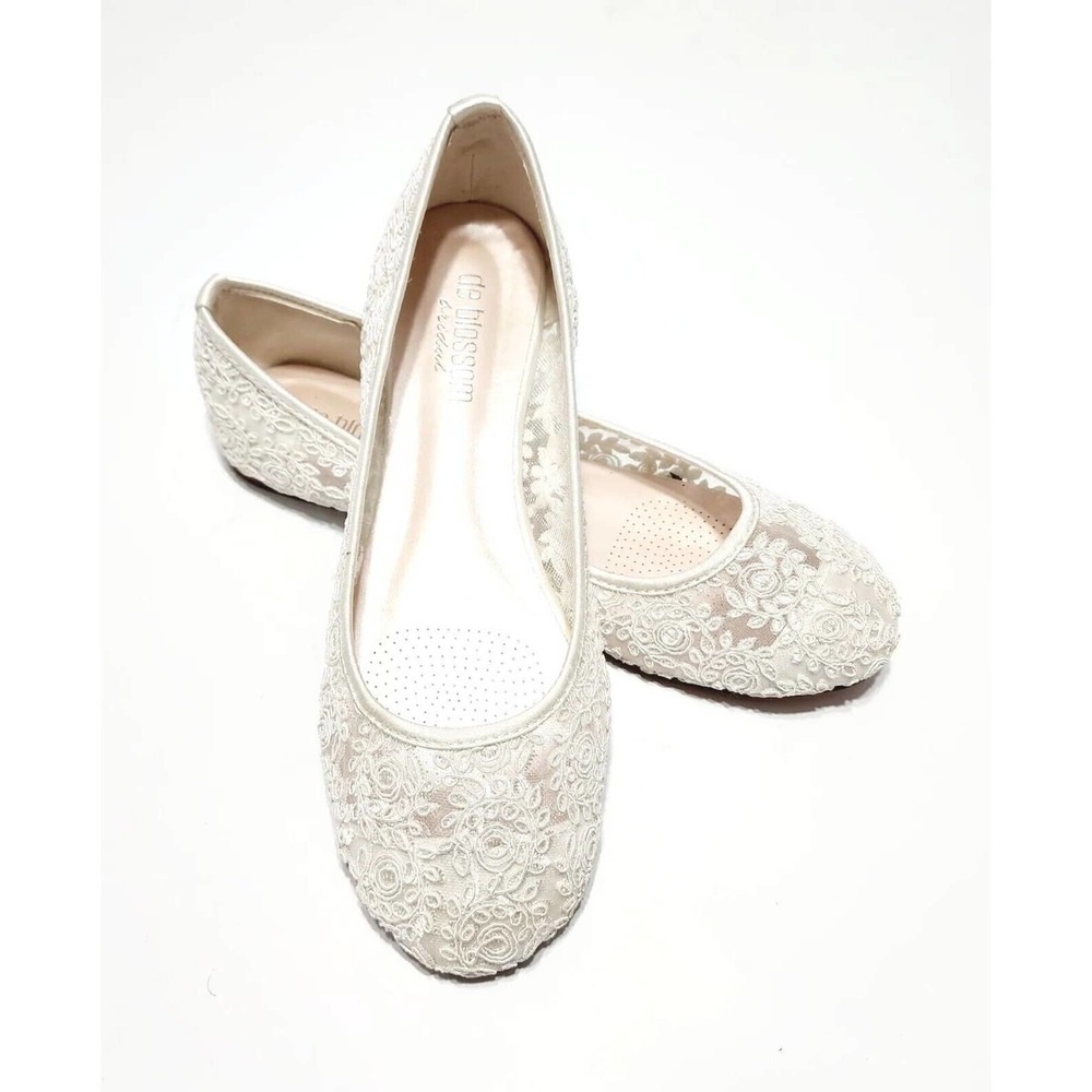 "De Blossom Collection" Wedding Shoes White Floral Lace Ballet Flats Size 10